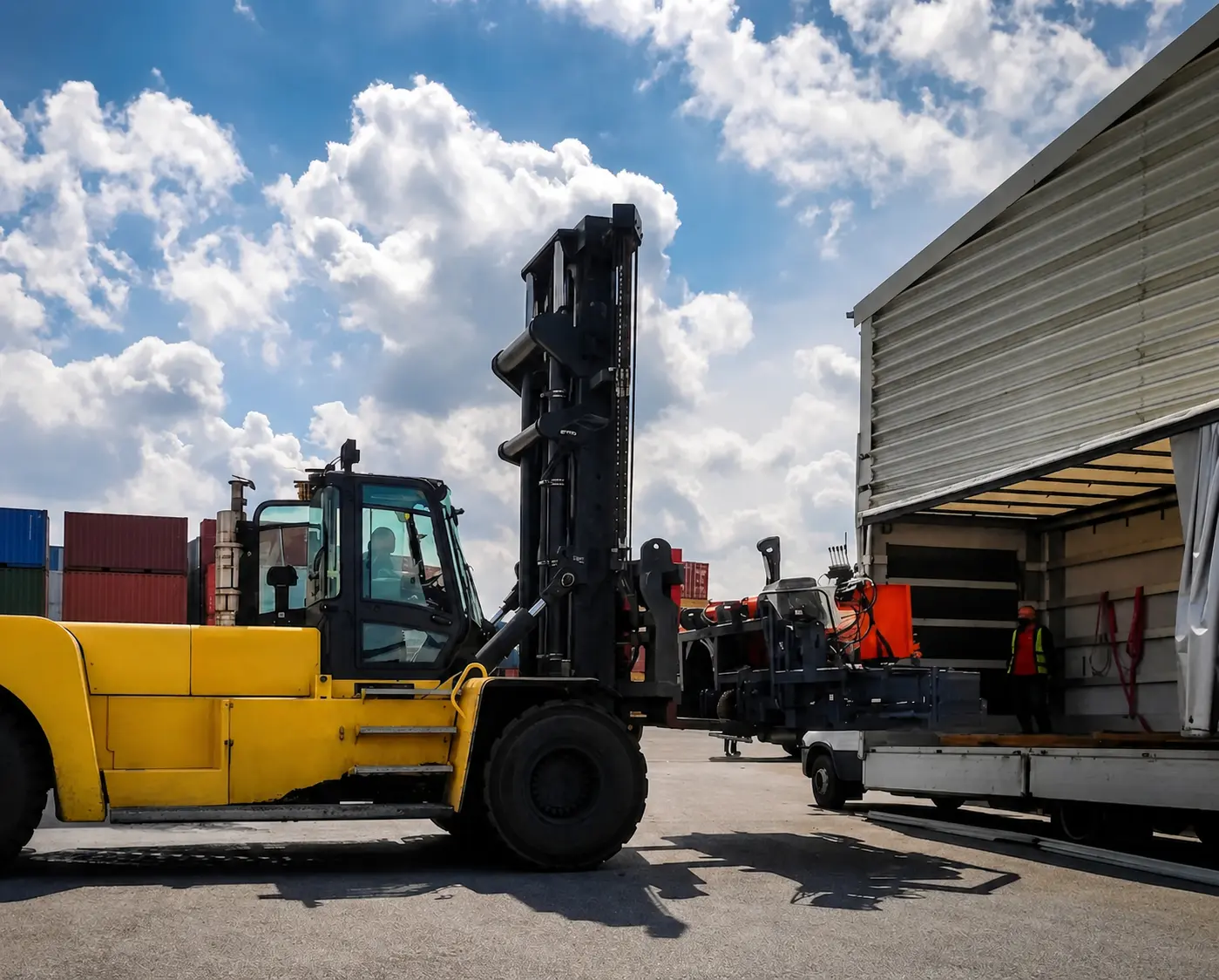 Heavy industrial forklift loading machinery for truck and container transport