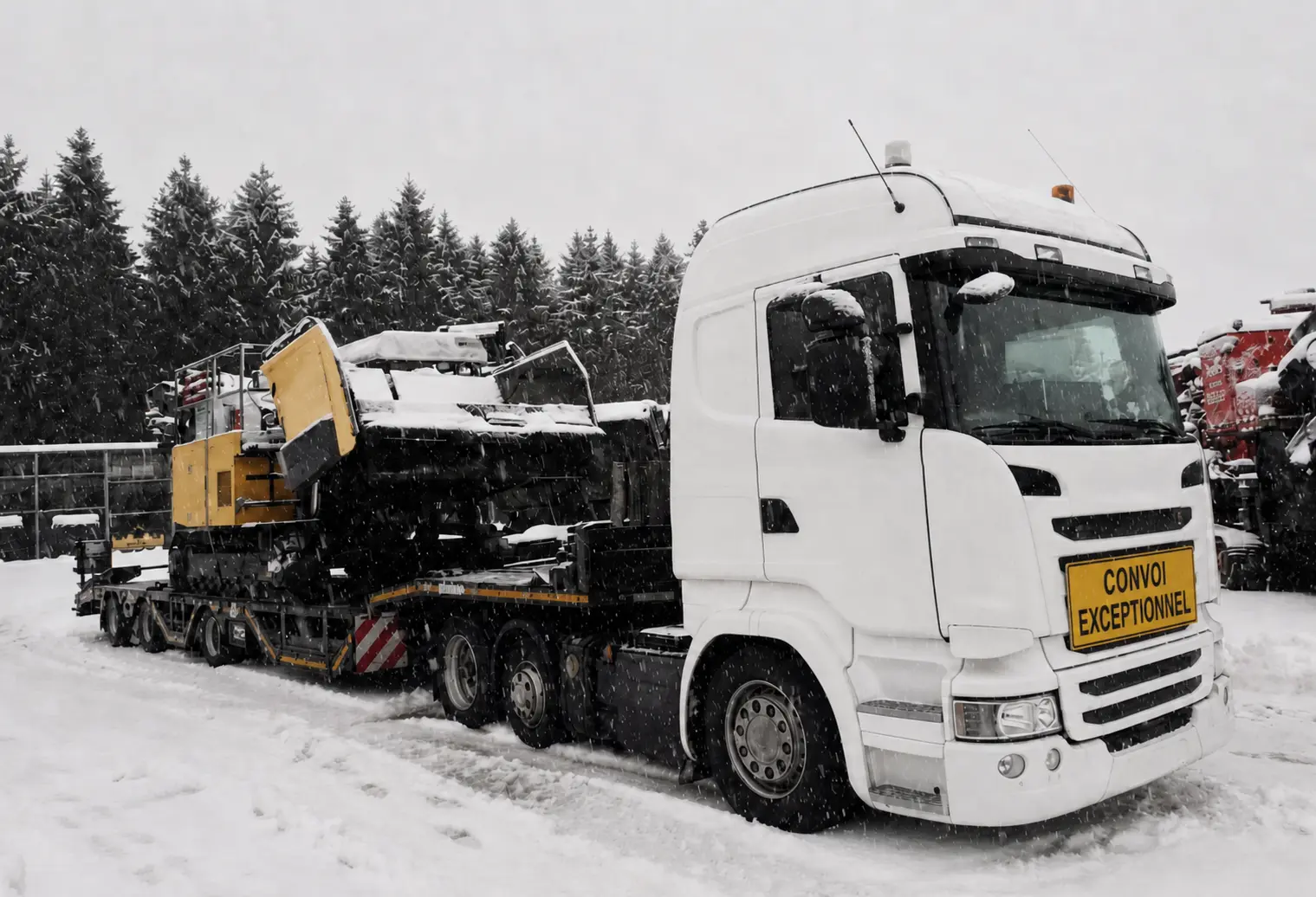 Specialized heavy equipment transport to Antwerp port on a low-loader truck during European winter export operations.