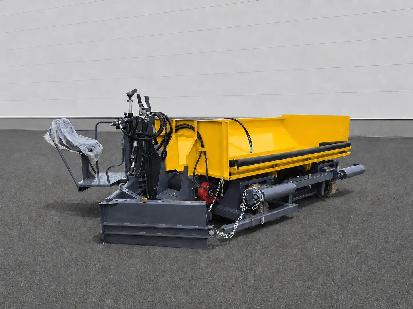 Road Widening Paver Brand New Road widening paver three-quarter view with yellow hopper, operator seat and hydraulic hoses